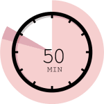 A pink clock with the time 5 0 minutes past.